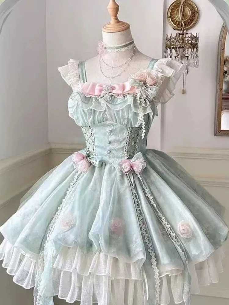 Vestido Lolita Elegante de Hada con Tirantes, Lazo de Encaje, Estilo Dulce Kawaii Japonés, para Cosplay, Fiesta del Té, Uso Diario Casual, Atuendos de Mujer, Verano 2026