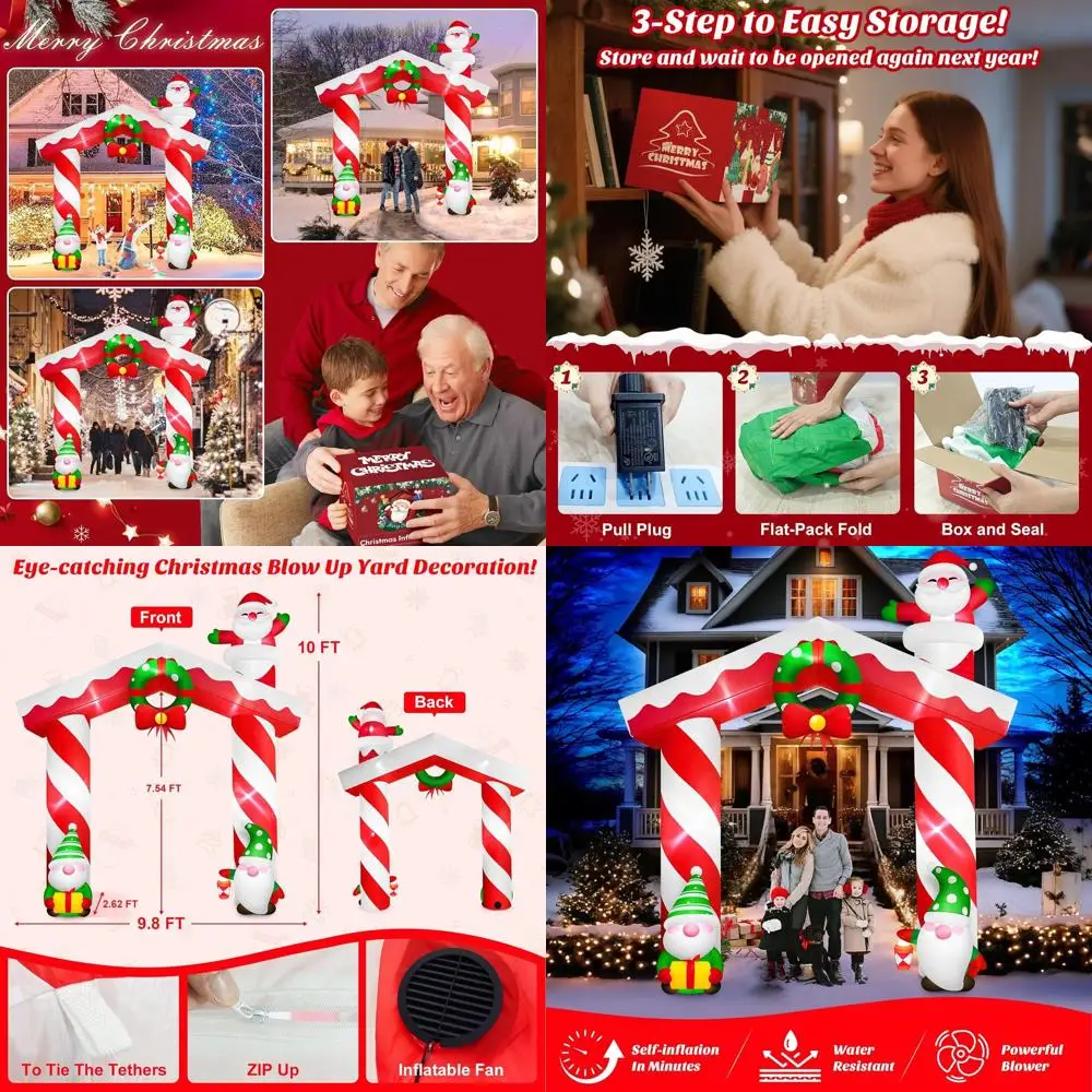 

Giant Outdoor Christmas Inflation Archway with Gnomes and Santa Claus, LED Lights, Lawn Holiday Party Decor
