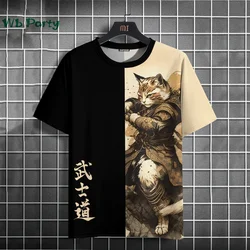 Japanese Samurai Cat Graphic T shirts 3D Men's Clothing Funny Mens Clothing Breathable Summer Short Sleeve Tees Pullover Tops