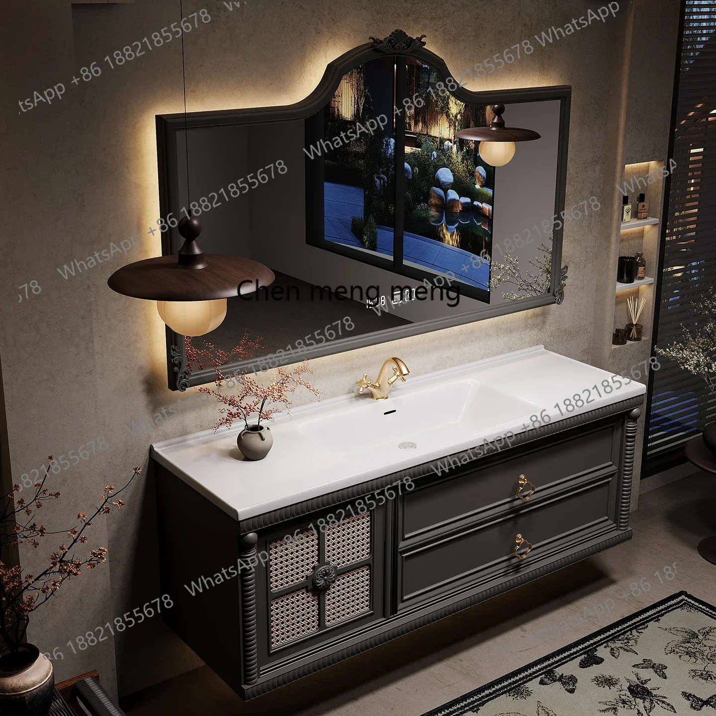 Rattan French retro bathroom cabinet ceramic integrated basin combination hand wash table bathroom