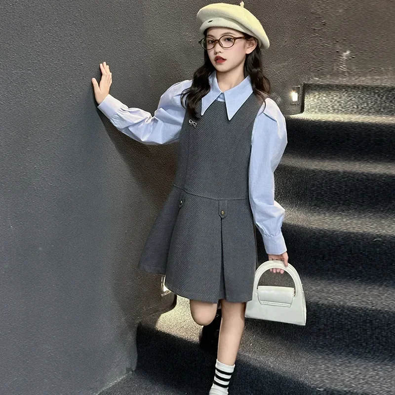 Girls' College Style Shirt Woolen Skirt Set Autumn 2024 New Children's Fashion Start Up Set