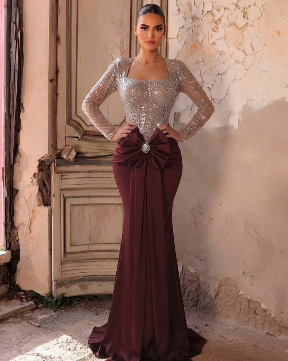 

Customized Exquisite Women Jersey Rhinestone Ruched Mermaid Evening Dresses Fashion Classic Square Neck Long Sleeves Prom Dress