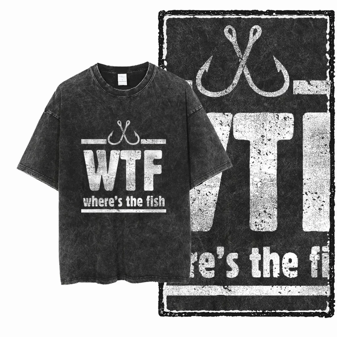 

Vintage Washed Double Fish Hooks Graphic WTF Where's The Fish Slogan Men T Shirt Oversized Black Worn-in Fishing Streetwear