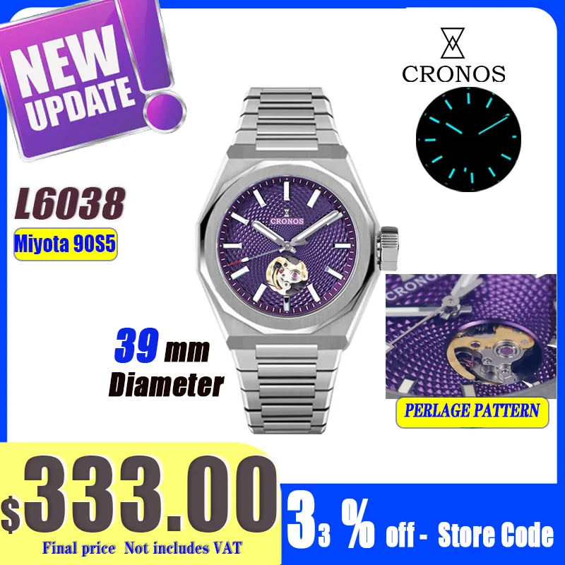 Cronos Luxury Men Watches 39mm Skeleton Dial Automatic Miyota 9015 90s5 Wristwatches Sapphire 10ATM See-through Back L6038M
