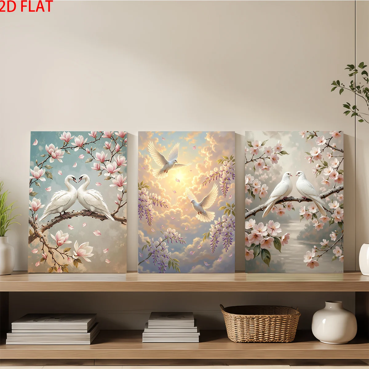 Frameless Canvas 2D Flat 3pc Wall Art – Three Paintings With Doves And Flowers On A Shelf. Perfect For Aesthetic Wall Decorat