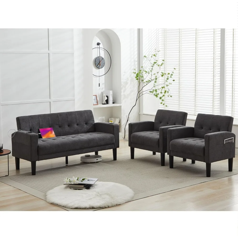 

Sofa Couch, Living Room Furniture Sectional Sofa Sets of 3 Pcs, Tufted Mid-Century Loveseat w/USB, Cupholders & Comfy Single