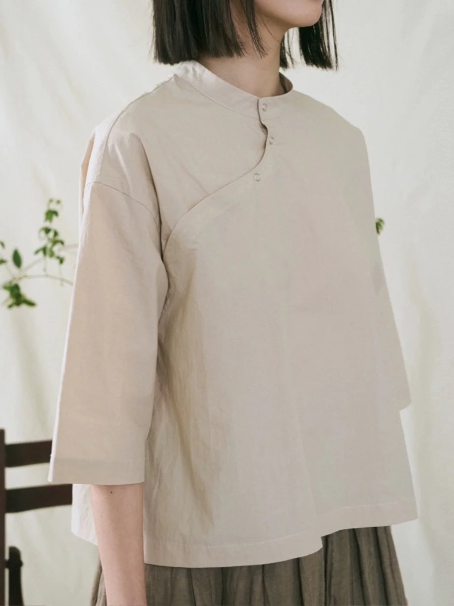 

Loose Fit Long Velvet Cotton irt for Women with Button Plaet mid Sve Stand Collar Traditional Chinese Sle Summer Top