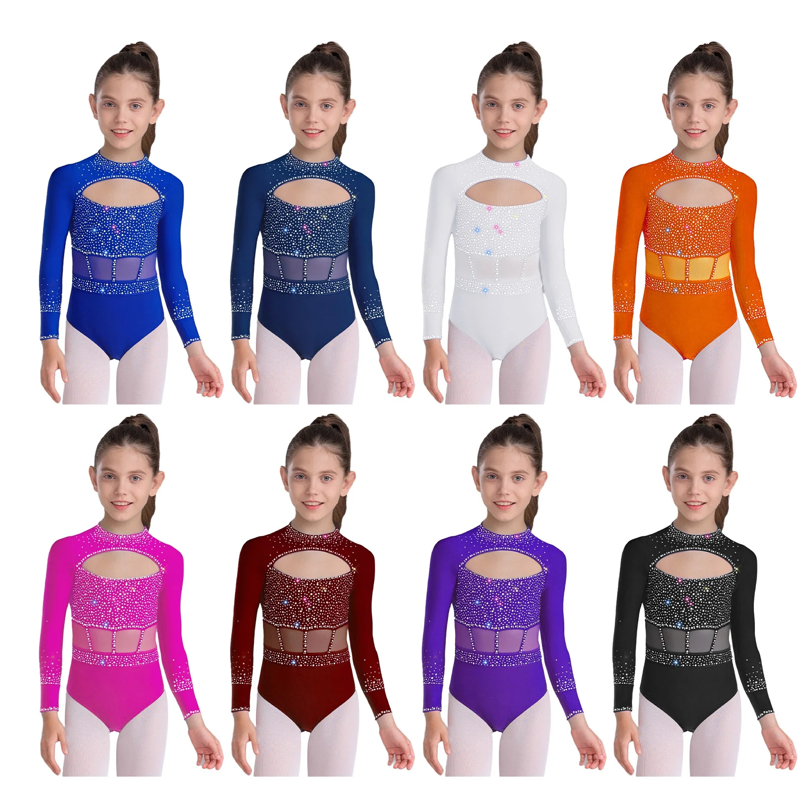 الفتيات الجمباز يوتار طفل الراين الباليه الرقص الشكل التزلج على الجليد أداء Dancewear طويلة الأكمام انقطاع الجبهة ارتداءها