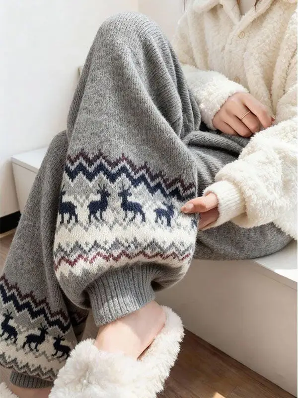 

Korean Sle Heavyweight ey Fair Isle Knitted Winter Pants Thi Warm Cuffed Casual Trousers High Waist Wide Leg Pants
