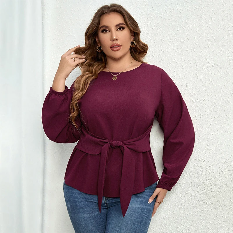 Della Mel-blusa informal de manga larga para mujer, top liso con cuello redondo, talla grande, elegante, a la moda, para oficina