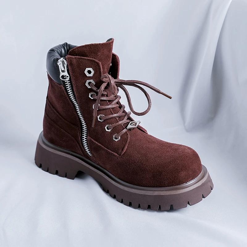 

New Suede Leather Male Motorcycle Boots Thick Bottom Ankle Boots Casual Botas Men's High-top Shoes Fashion Leisure Walking Shoes