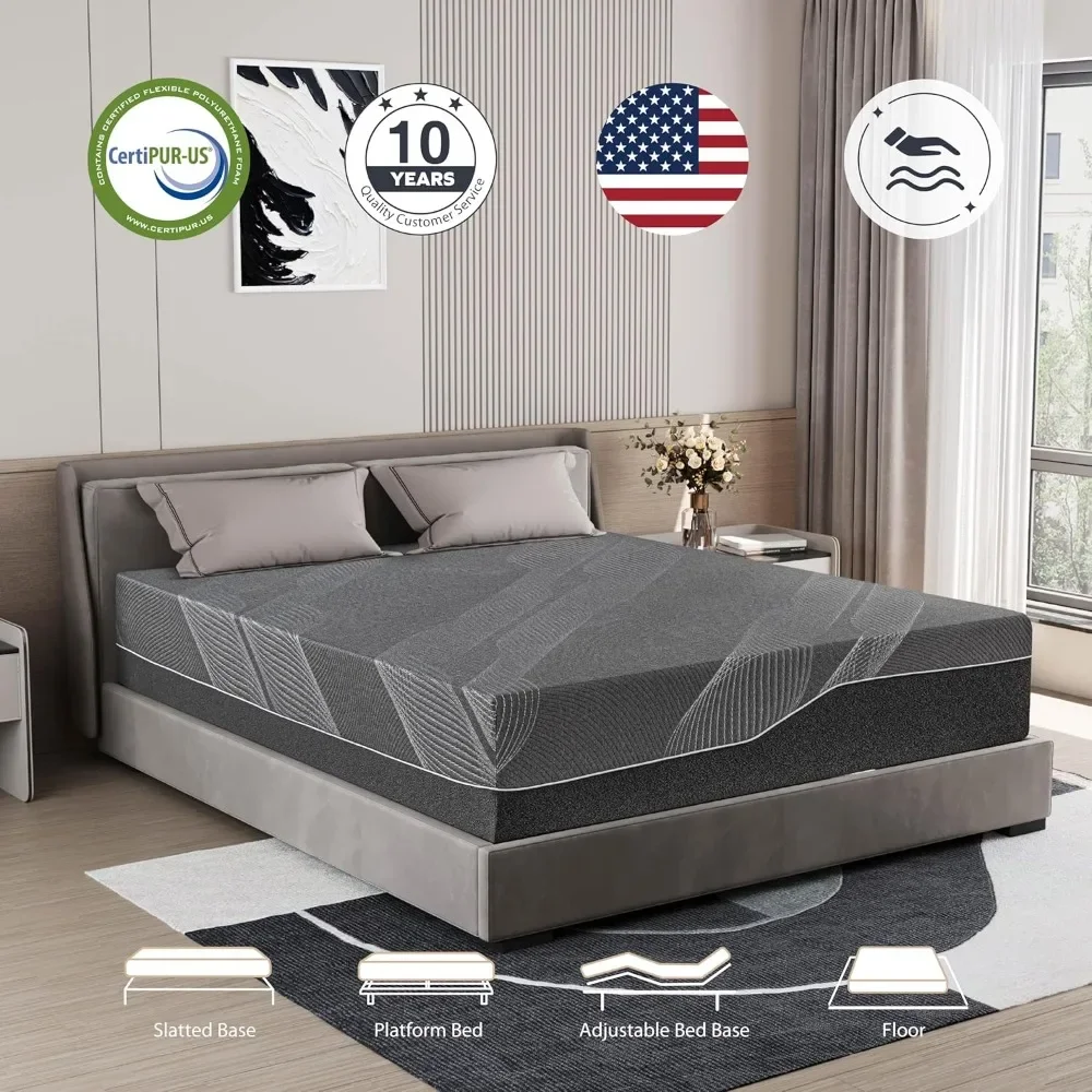 Mattress Charcoal Memory Foam Mattress in a Box, Fiberglass Free, Cooling Gel Double Mattress, Made in USA