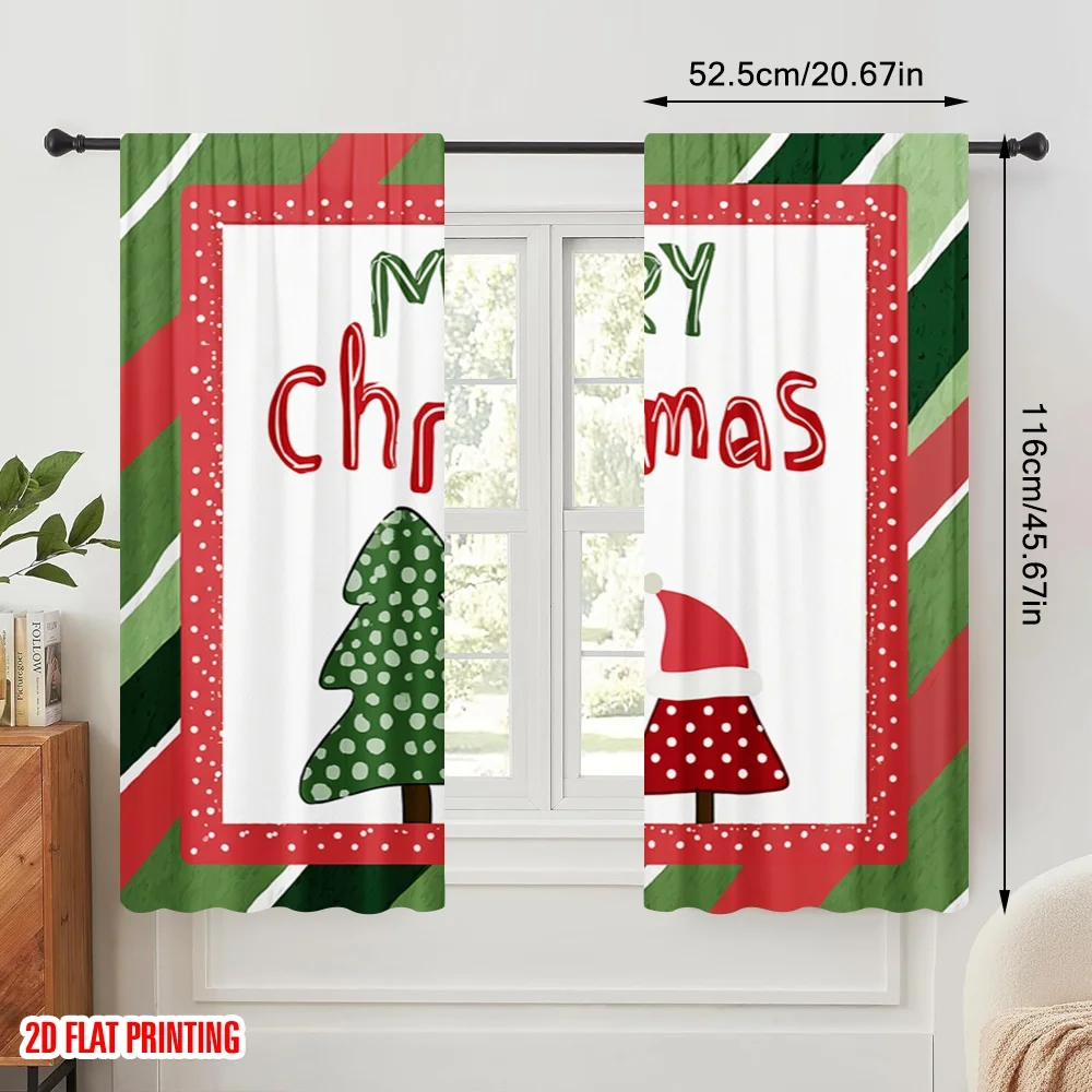 2pcs,2D plane printing Popular Curtain Panels Xmas Tree Versatile Durable Polyester (without rod) Festive for Bedroom, Living