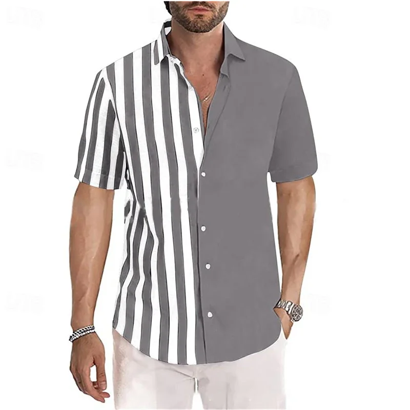 ﻿ Men's 2024 New Button Collar Multi color Striped Short sleeved Shirt Soft and Comfortable Spring/Summer Large Shirt XS-5XL