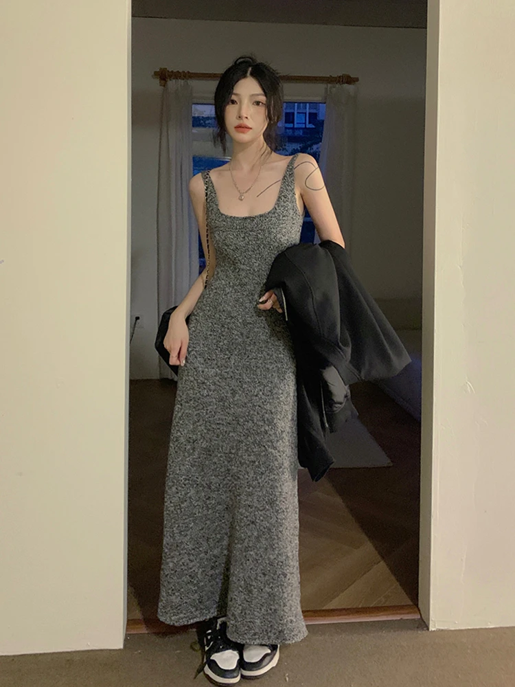 Chic Grey Knitted Wrap Dress Women's Summer New Style Sweet Elegant Waist-Cinching Slimming Sexy Body-Con Dress