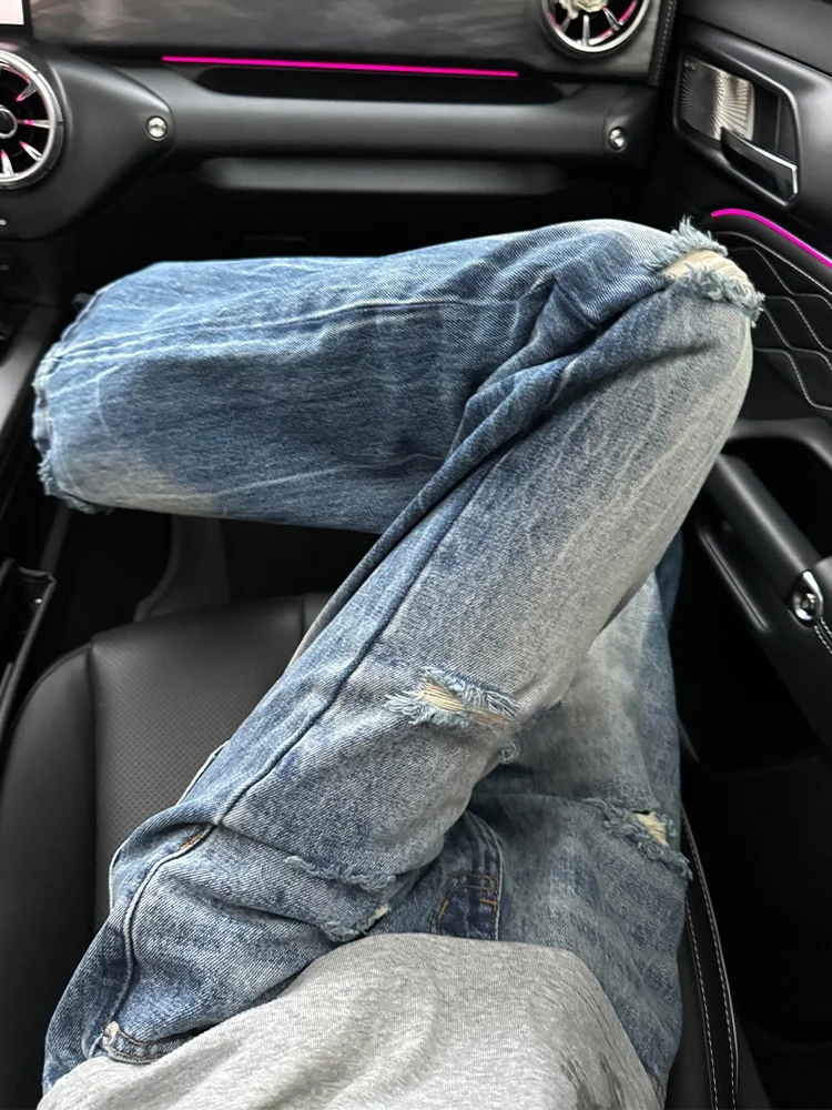 

Синие рваные джинсы мужские, модные, слегка расклешенные, прямые брюки с эффектом драпировки, идеальный крой, летняя повседневная одежда