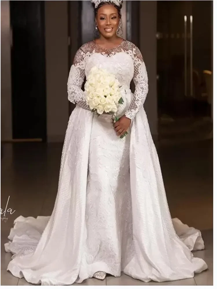 

Customized Classic Beaded Scoop Lace Appliques Mermaid Wedding Dresses Detachable Train Long Sleeves African Plus Size Bridal