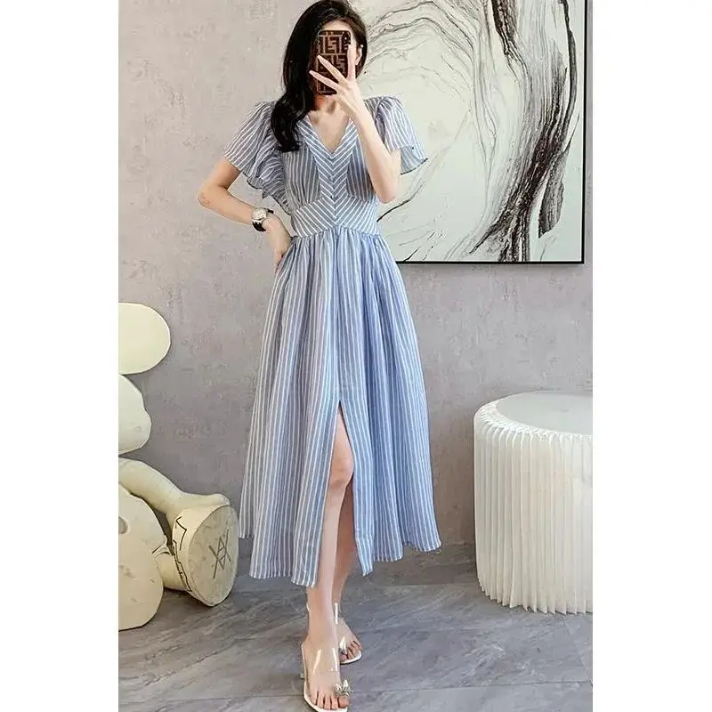 New Summer Women's High-end Tailoring Trendy Slim Temperament with Hem Slit Large Swing Mid-length Dress