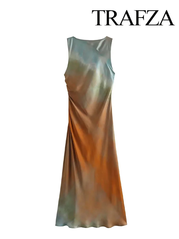 TRAFZA Women Fashion Satin Tie Dye Sleeveless Slim Midi Dress Woman Summer Folds Side Zipper Design Party Evening Dresses Mujer