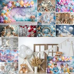 MOON.QG Balloon Flower Birthday Backdrop Clouds Bear Baby Cake Smash Girls Photography Background Happy Birthday Party Decor