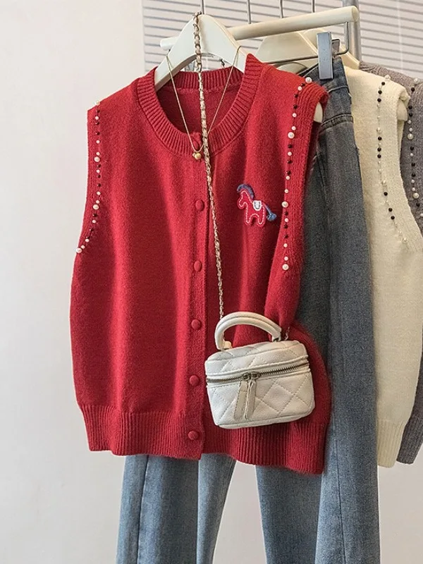 Red Embroidered Knitted Cardigan Vest Women's Spring New plus Size Overlap Wear New Year's Party Inner Wear round Neck Loose Fit