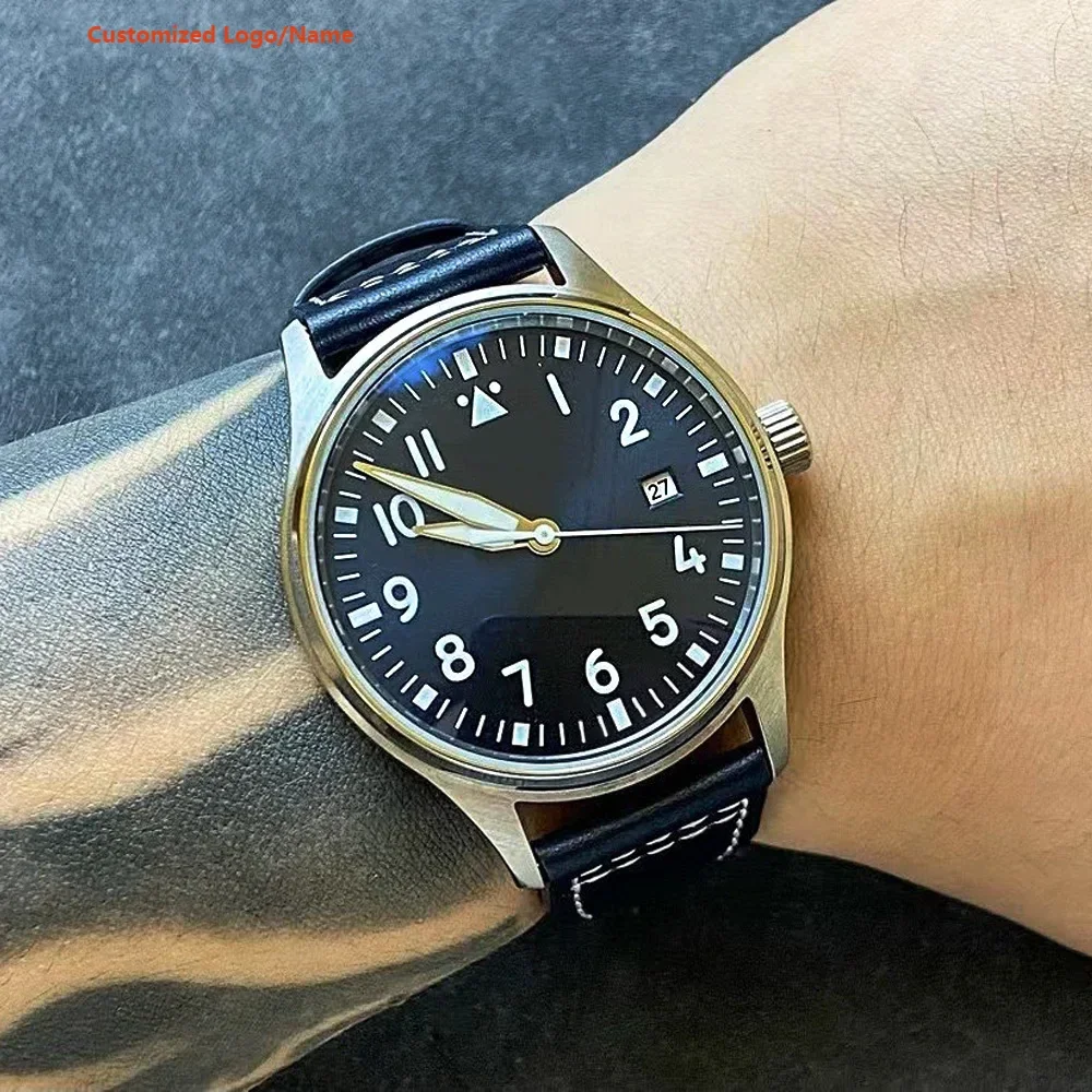 Men Automatic Mechanical Watch Stainless Steel Black Blue Leather Arabic Numeral Calendar Student Watches Sapphire Customized