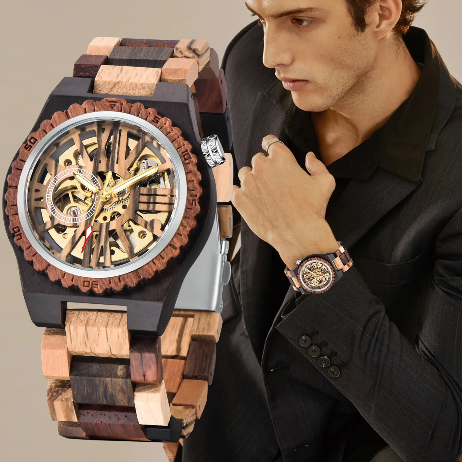 

NEW Color Blocked Roman Numerals Men's Automatic Mechanical Hand Wind Watch Casual Fashion Trend Accessories Men's Wooden Watch