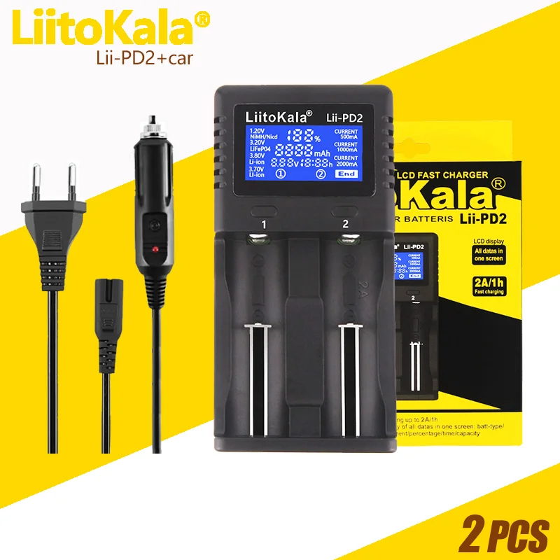 

2PCS LiitoKala Lii-PD2+car Lii-PD4 Lii-PL2 LCD 3.7V 1.2V for 18650/26650/21700/16340/14500/10440/18500/18350 Battery Charger