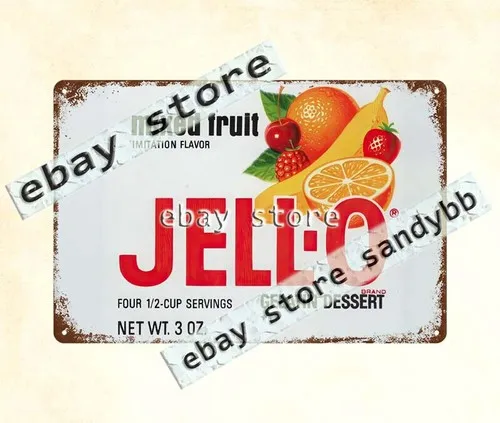 Letrero metálico de aluminio de 1971 con diseño de postre de gelatina de frutas mixtas Jell-O, decoración original para el hogar.