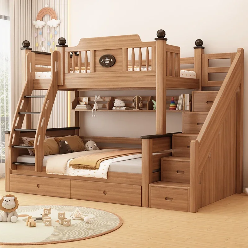 Solid wood bunk beds,  small apartment shelves,  double child and mother , two-layer wooden , high and low children's