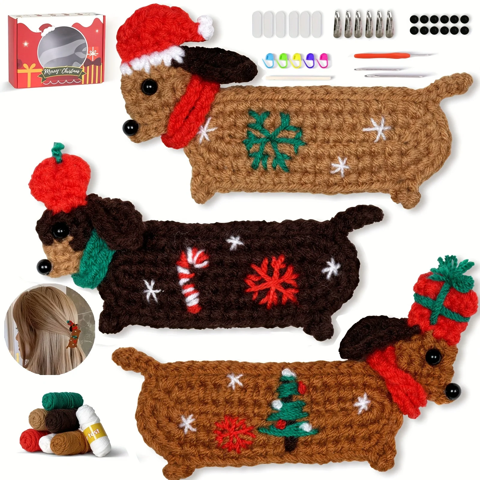 

3 PCS DIY Christmas Dachshund Hairpin Crochet Kit for Beginners, Santa Hat Dachshund, Apple Dachshund, Gift Dachshund