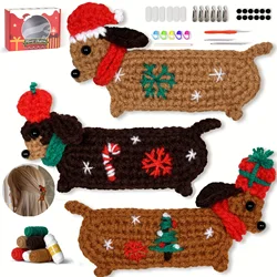 3 PCS DIY Christmas Dachshund Hairpin Crochet Kit for Beginners, Santa Hat Dachshund, Apple Dachshund, Gift Dachshund
