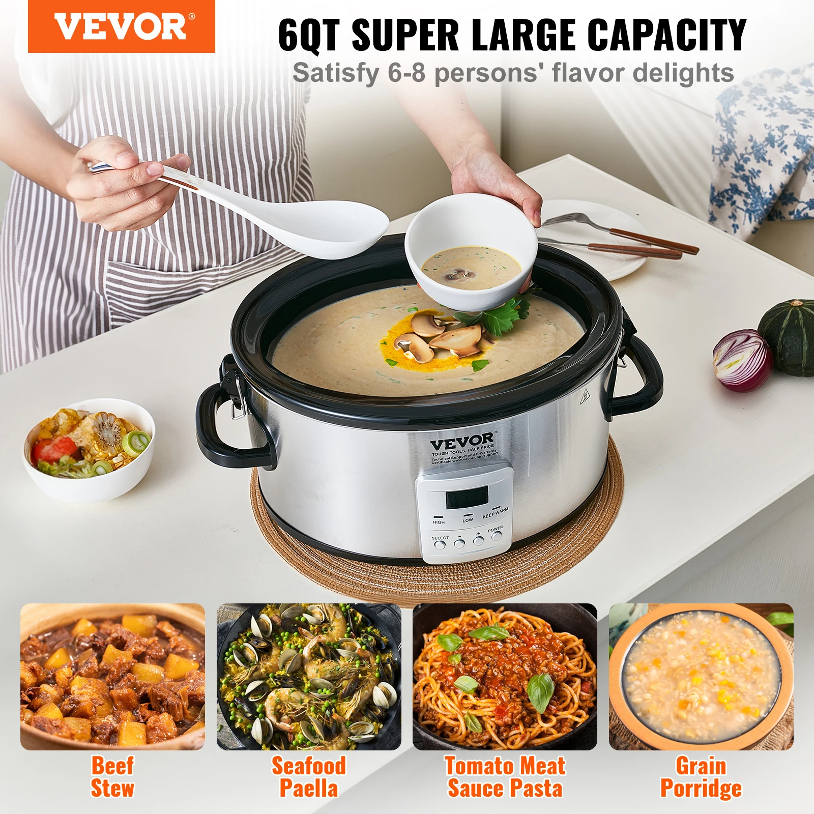 VEVOR Slow Cooker 6QT 240W Electric Slow Cooker Pot with 3-Level Heat Settings  Digital Slow Cookers for Home/Commercial Use