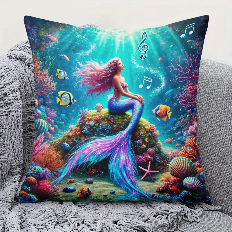 Mermaid Singing Pillow Case, Colorful Underwater Ocean Art Cushion Cover, Fantasy Sea Life Decor, Vibrant Marine Home Textile,