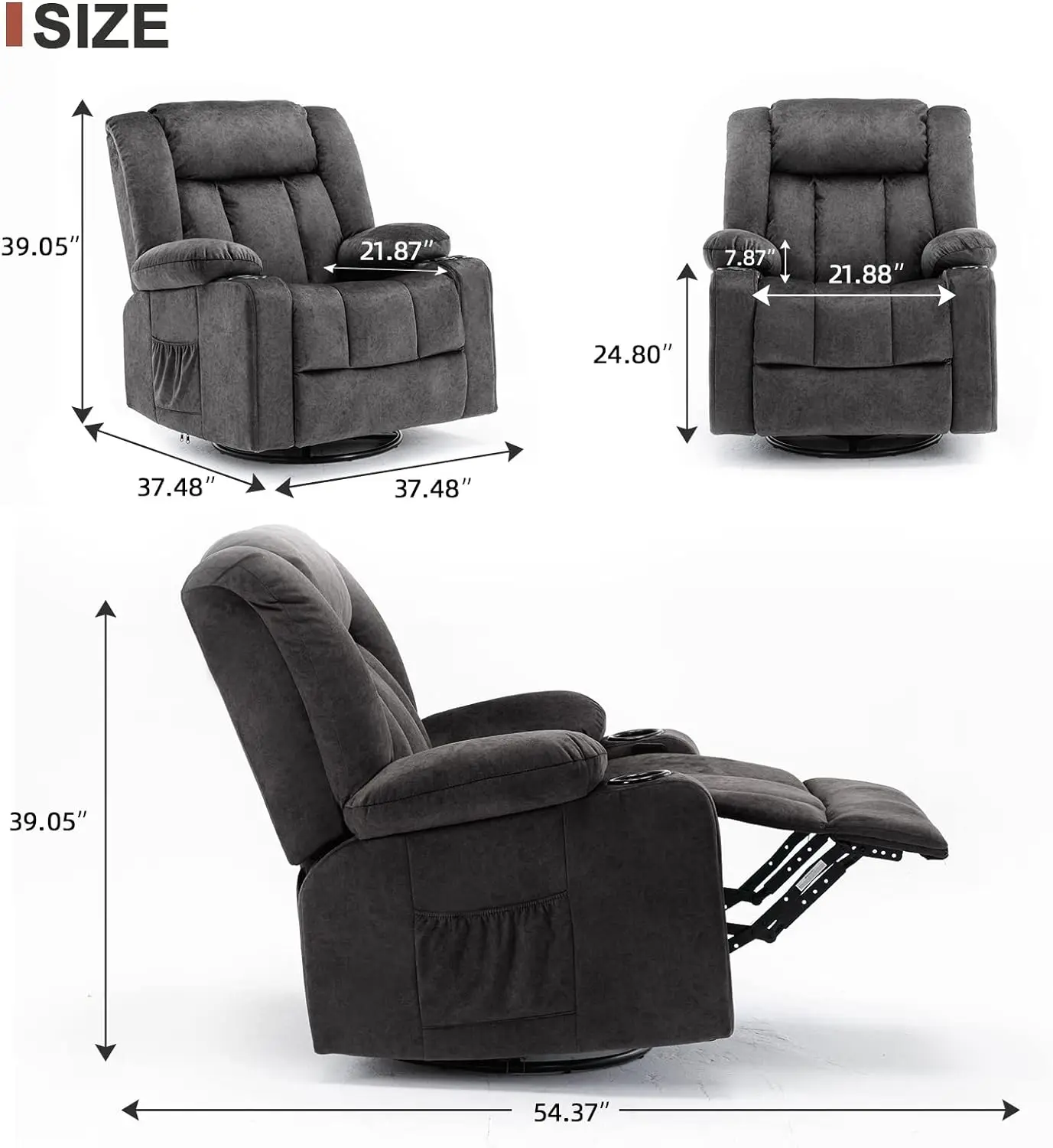 COMHOMA Recliner Chair Massage Rocker with Heated 360 Degree Swivel Lazy Boy Recliner Single Sofa Seat with Cup Holders for