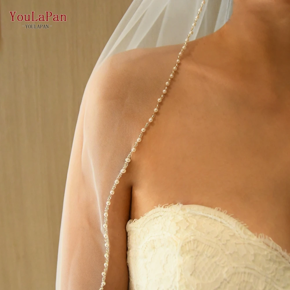 Véu de Noiva TOPQUEEN com Cristais e Pérolas, Comprimento até o Cotovelo, Véu de Noivas de 1 Camada, Acessórios de Casamento V197