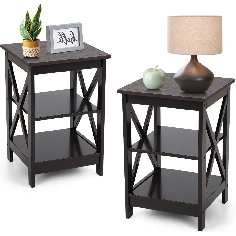 Sophia & William 2-Piece Farmhouse Style End Table Set with Storage and 3-Tier Shelves, Ideal for Sofa Side, Nightstand, and Bed