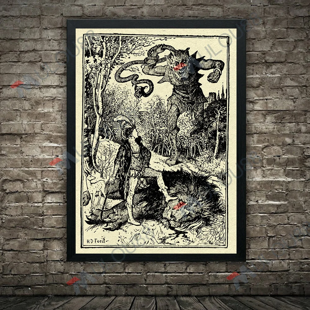 Black Master Of The Beasts,The Evil Spirit,Hobgoblin Folktales Page Vintage Poster Print Norse Mythological Creatures Wall Art