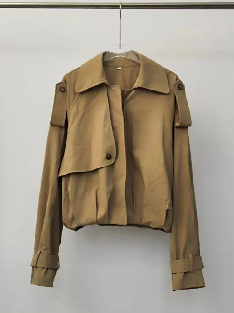 Retro Lapel Pleated Waist Short Windbreaker Jacket 2026 Autumn Women's Clothing Fashion Versatile Loose Work Style Jacket