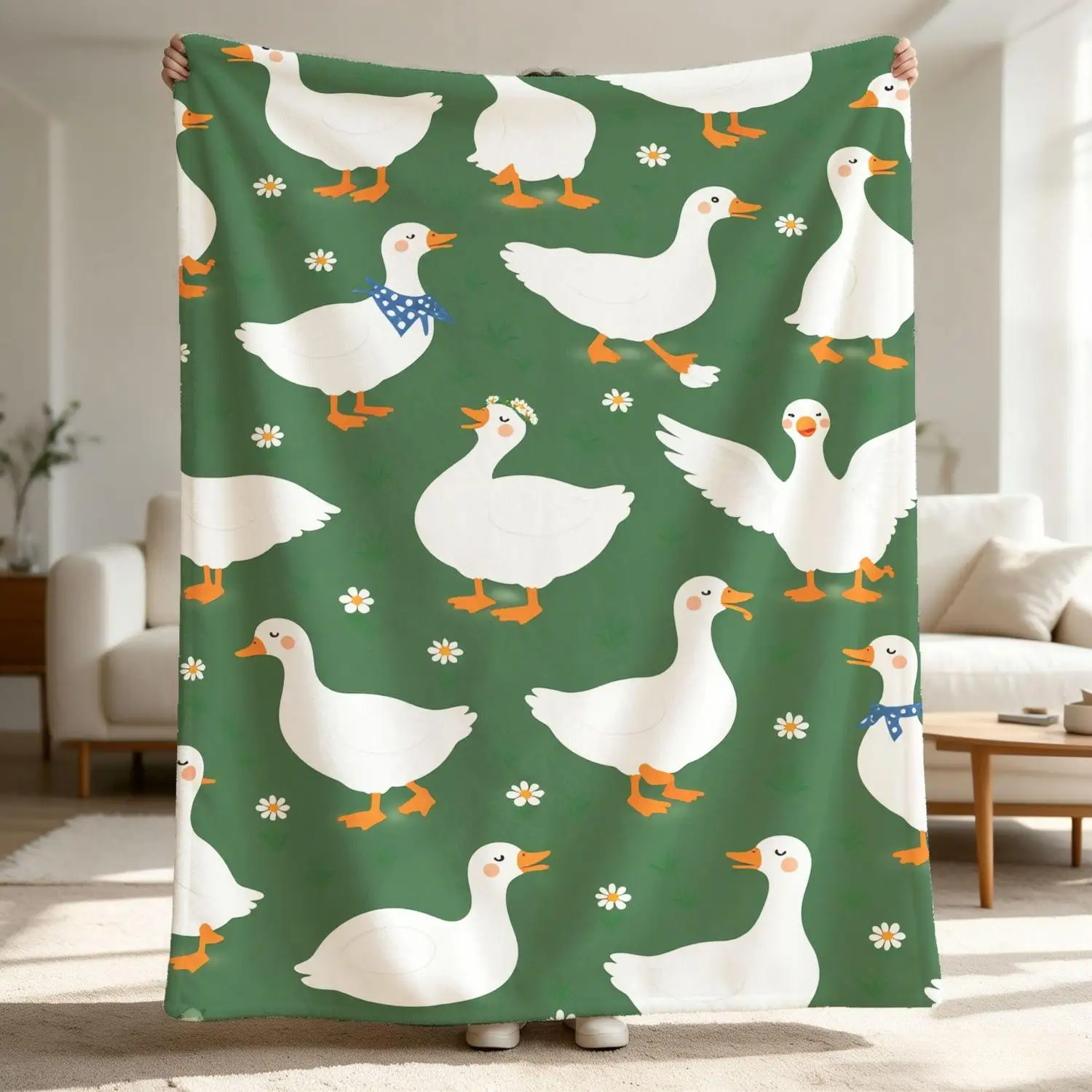 [Flannel Blanket] Daisy Little Goose Blanket, Pastoral Style Blanket, Forest Green Decoration, Forest Theme Gift