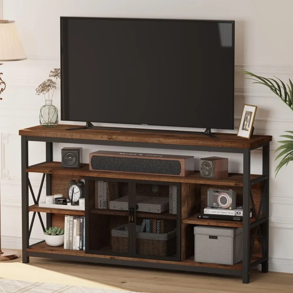 Grand Meuble TV Industriel en Bois avec Armoire de Rangement, Console de Télévision de Ferme pour le Salon, Centre de Divertissement pour Téléviseurs jusqu'à 65 Pouces