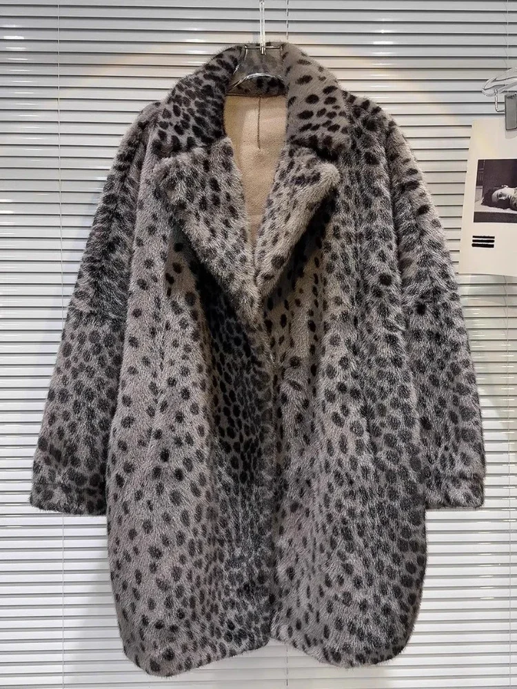 Vintage Fashion Maillard Blazer Coat Leopard Plush Long Jacket Women Fall/Winter High Quality Loose Warm Elegant Commuter Coats