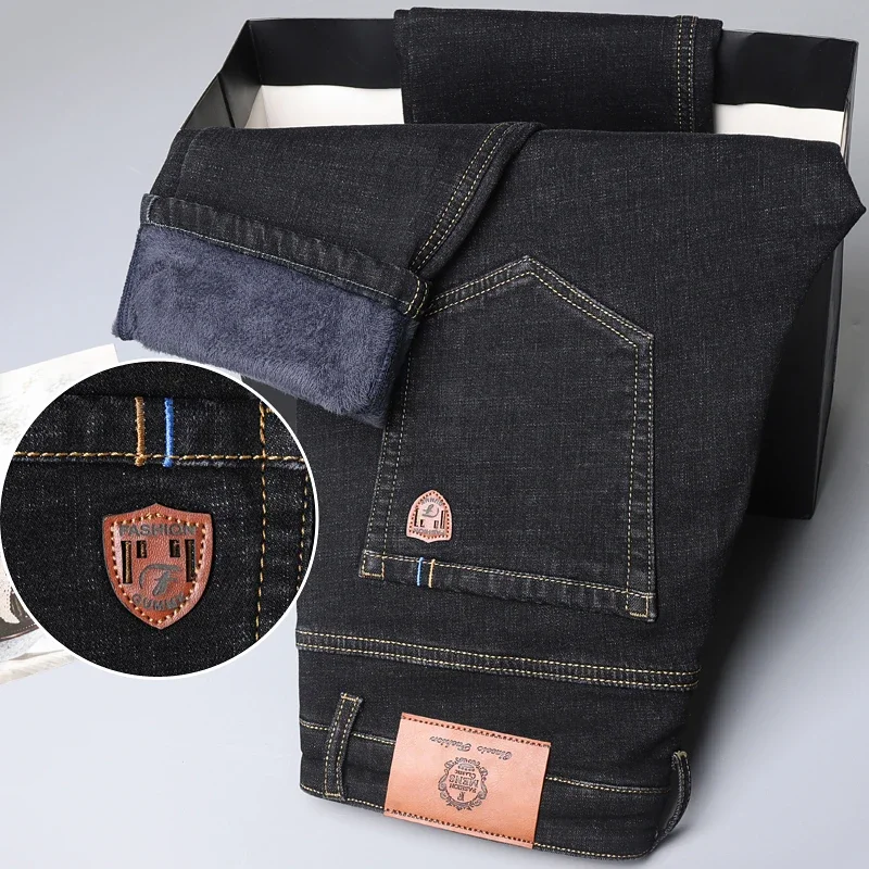 Jeans caldi da uomo Nuovo stile invernale Stile classico Business Denim Casual Addensare Pantaloni in denim slim fit Pantaloni elastici blu neri