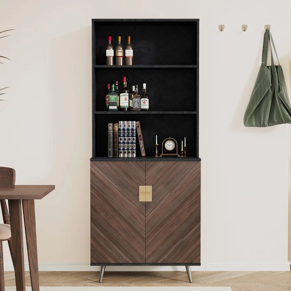 

67" Pantry Cabinet, Modern Kitchen Storage Cabinets with Wine Rack, Tall Cabinet Open Storage Shelves, Wood Doors for Living Roo