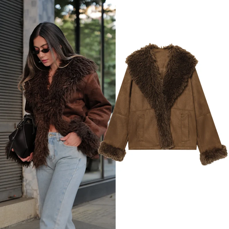 여성용 인조 모피 코트 브라운 아우터웨어 여성용 2025 겨울 재킷 테디 베어 코트 긴 소매 탑 여성 패션 재킷