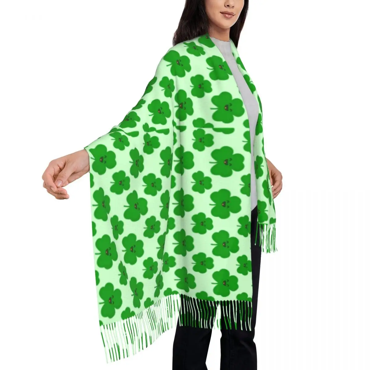 Happy Shamrock Scarf Cartoon Leaf Print Warm Soft Shawl Wraps with Tassel Men Women Popular Head Scarves Winter Custom Bufanda