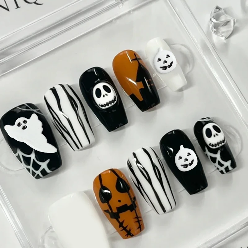 10PCS Simple Black White Halloween Skull Pumpkin Head Spider Ghost Witch Alloy Nail Art Rhinestones Decorations Manicure Charms