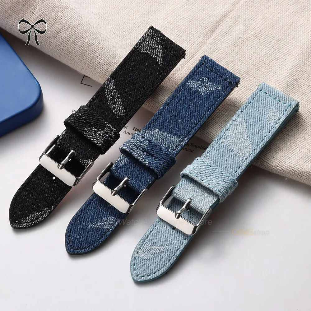 20mm 22mm Universal Men Women Denim Nylon Sailcloth Watch Band Vintage Black Blue Canvas Strap Pin Clasps Quick Release Bracelet