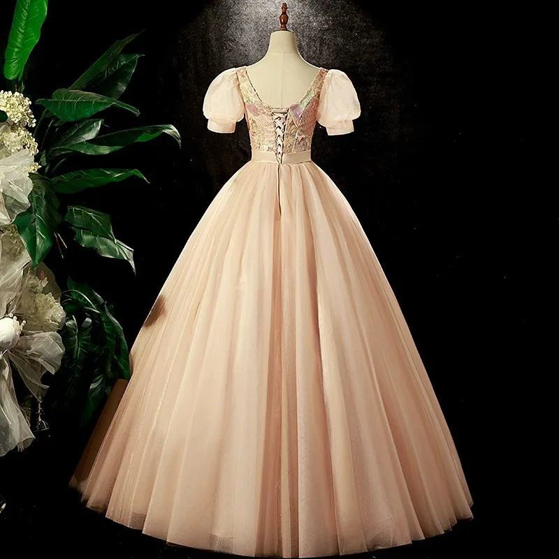 Robe de Quinceanera imprimée à col carré personnalisée, nœud à lacets, taille fine, robes d'occasion formelles, manches courtes bouffantes, émail élégant