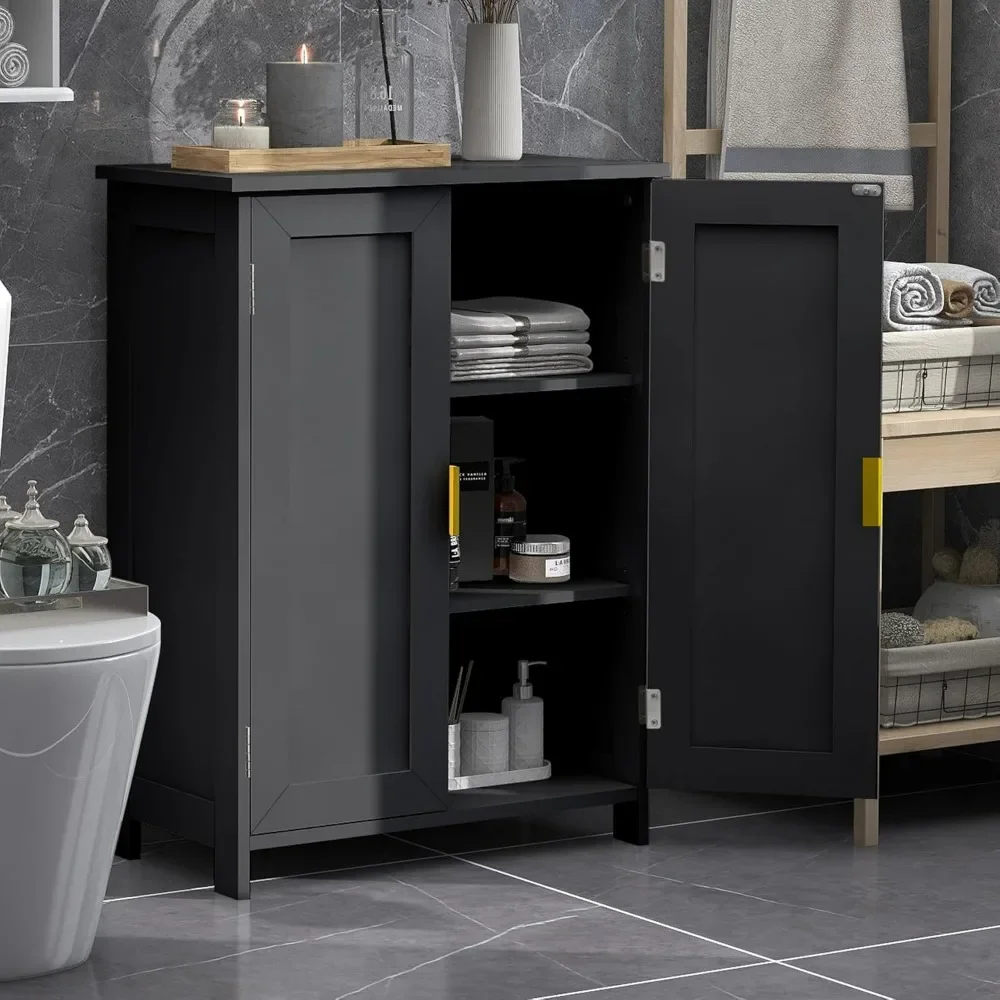 Black independent double door bathroom storage cabinet, bathroom floor cabinet, towel cabinet, bathroom cabinet